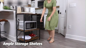 Kitchen Storage Shelf with Power Outlet 4 Tiers Coffee Bar Table Kitchen Microwave Rack Stand With 6 S-Shaped Hooks Wooden Board Space Save For Kitchen Living Room Dining Room