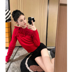 French Style Red round Neck Knitwear Womens Fashionable Butterfly Knot Small Size Pullover Top Ageless Elegant Spring New Arrival