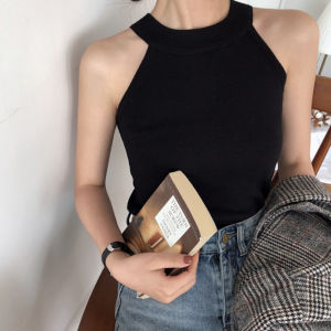 เสื้อกั๊กถักสีดำ แขนกุด คอวี ทรงเข้ารูป สำหรับผู้หญิง แฟชั่นฤดูร้อน เสื้อเชิ้ตชั้นใน เสื้อผ้าทำงาน สไตล์เกาหลี