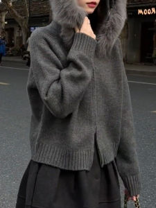 QINGNAER | Casual Double Zipper Faux Fur Hooded Knit Cardigan Plus Size Sweater