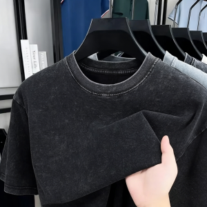 Fashion Vintage Washed Tee Shirt Man Cotton Breathable T-Shirts Street Soft Short Sleeve Crewneck Loose Clothes Solid Daily Tops