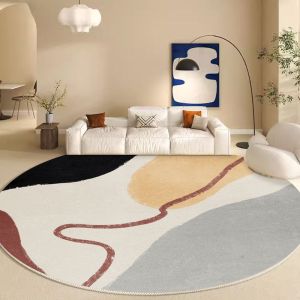 VIKAMA Minimalist White Curved Line Round Rug Beige Neutral Tone Circular Carpet Non Slip Living Room Sofa Floor Mat