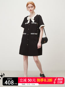 Elegant Black A-Line Dress with Bow Detail Short Sleeve Womens Fashion Spring Autumn Seasonal Pure E-commerce Sale