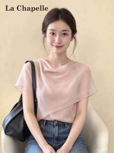 La Chapelle | French Pink Draping Collar Chiffon Short Sleeve Shirt