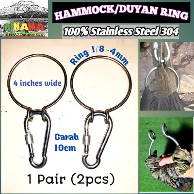 (Pair)HAMMOCK o DUYAN RING 304 Ss 1/8 (4mm/Thin) & 1/4 (5mm/Thick) 100% Stainless & 10CM Carabiner