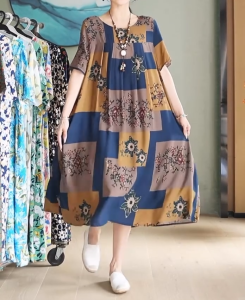 Womens Plus Size Womens Silk Floral Print Dress with Pockets Mid-Length Dress Loose Casual Comfortable Maxi Dress 6006