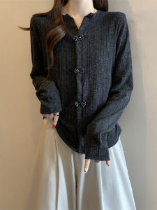 plus Size Knitted V-Neck T-Shirt Womens Butterfly Knot Slimming Top Grey Autumn Fashion Korean Style Commute Wind