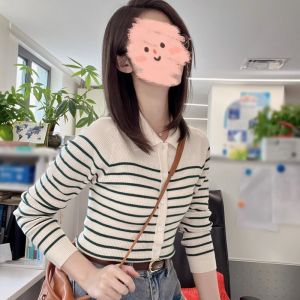 Green Striped Knitted Cardigan Womens Early Autumn Outerwear Slim Fit Long Sleeve Polo Collar Base Shirt Inner Wear