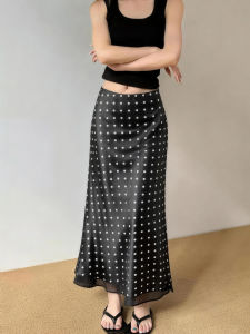 MANMI | Chân Váy Dài Họa Tiết Chấm Bi Đen Elegent Cao Waist Ôm Dáng Che Mông
