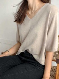 Spring New Ice Silk Knitted Top Womens Loose Thin Seven-Sleeve Half Sleeve V-Neck Summer Outerwear Four-Fifths Length Shirt