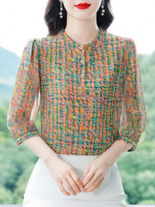 DAIXIANGFEIZI | Floral Chiffon Womens Shirt Mom Stylish Loose 3/4 Sleeve Blouse