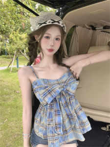 GUZILIAN | Pure Desire Sweet Spicy Color Block Plaid Waist Cinching Thin Pleated Strap Butterfly Knot Summer New Fashion Halter Top Vest
