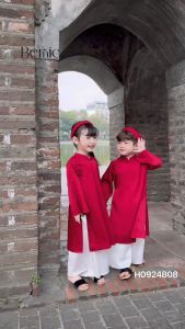 Áo dài tết áo dài cách tân cho bé trai bé gái màu đỏ kèm mấn mặc đôi 1 đến 7 tuổi BERNIE H0924B08
