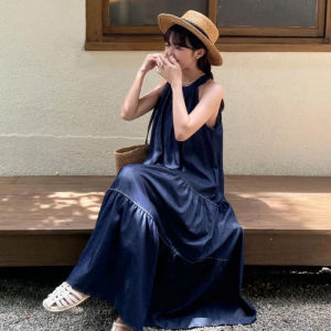 ชุดเดรสคอวีสไตล์ย้อนยุคแบบลำลองสำหรับฤดูร้อน ดีไซน์เรียบง่าย ชุดเดรสทรงหลวมสไตล์ลำลอง สไตล์สตรีท แขนกุด ชุดเดรสยาวคลุมเข่า