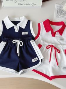 Fashionable Korean Style Lightweight Summer Suit for Girls 2024 New Color Block Tank Top and Shorts Two-Piece Set