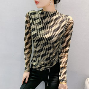 REHIN เสื้อยืดผู้หญิงแขนยาวลายขวางพิมพ์ลายทางเข้ารูปเข้ารูปรัดรูปผ้าตาข่าย