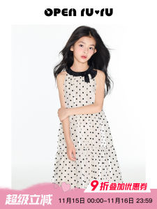 Opennunu Girls French Vintage Polka Dot Dress Summer New Butterfly Knot Atmosphere Light Long Dress Childrens Clothing