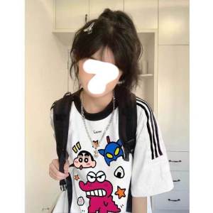 American Retro Pure Cotton Trendy Brand Cartoon Print Cute Three-Stripes Short-Sleeve T-Shirt Loose Summer Top for Women