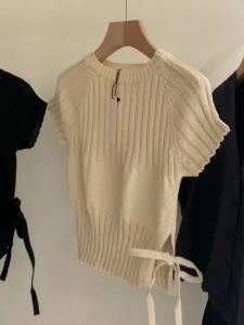 PAIBOLI | Chic Short Sleeve Knitwear Womens Spring 2024 Waist-Cinching Slimming Top Trendy Drawstring Design Versatile For All Body Types