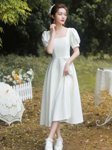 Elegant White Dress Womens New Style French Retro Square Collar Slimming Hepburn Style Super Fairy Tale Dress for Couples