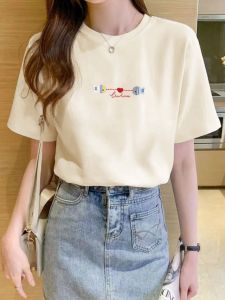 New 2024 Womens Summer Loose Fit Cotton T-Shirt Short Sleeve round Neck Basic Versatile Top in Simple Casual Style by Imaya