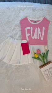 ชุดเสื้อชมพู กระโปรง ลาย FUN สูง สไตล์เกาหลีสดใสมากแม่ น้ำหนัก 5-25 กิโล S-M-L-XL รหัส HUO