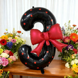 Bóng Bay Kỹ Thuật Số Màu Đen 40 Inch Có Nơ Đỏ Và Nhãn Dán Hình Trái Tim Để Trang Trí Tiệc Sinh Nhật Và Kỷ Niệm Đạo Cụ Chụp Ảnh