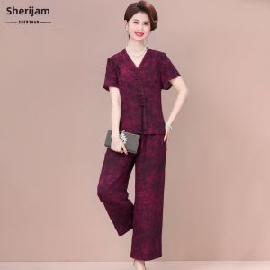 Elegant National Style Suit Two-piece Set Short Sleeve Print Top and Wide-leg Pants