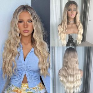 Mái Tóc Giả Lưới Trước 13x4 Dành Cho Nữ Màu Ombre Vàng Xám Dài Sóng Lượn Chất Liệu Sợi Tổng Hợp Chịu Nhiệt Sử Dụng Hàng Ngày Kiểu Sóng Sâu Với Đường Chân Tóc Tự Nhiên