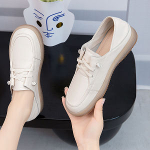 Fall 2024 New Fashionable Casual Leather Flat Bottom Sports Board Shoes Ladies Comfortable round Head Shoes White Sneakers