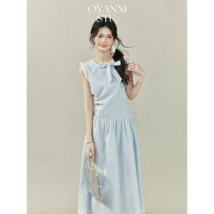 OUYANGXI | Đầm Hè Màu Xanh Thiết Kế Elegante Không Tay