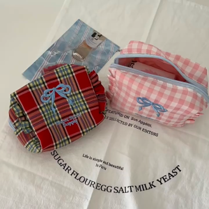 Tas Kosmetik Penyimpanan Dompet Koin Kotak-kotak Pita Manis untuk Pelajar Tas Cuci Bordir Portabel untuk Perjalanan