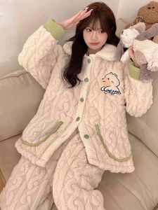 miiow | Cat Person Coral Fleece Sleepwear Womens Thickened Cotton Sandwich Winter Home Clothes Set Long Sleeve Warm Home Leisure Outfit