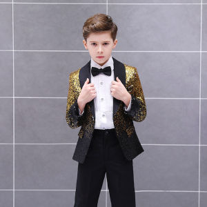 เสื้อแจ็กเก็ตแฟชั่นปักเลื่อมสำหรับเด็กผู้ชายเสื้อโค้ทแฟชั่นไล่ระดับสีระยิบระยับสำหรับการแสดงบนเวทีเสื้อคลุมเปียโน
