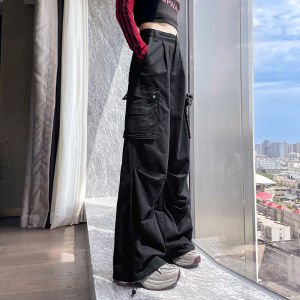 High Waist Wide Leg Black Work Pants Womens Spring Autumn American Style Trousers with Big Pockets Casual Cotton Pants