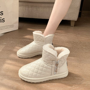 Womens Winter Snow Boots Thick Bottom Leather Face down Feather Home Waterproof Warm Fleece Cotton Shoes Outdoor Wear