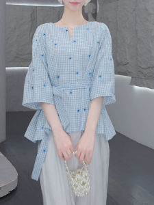 Shalldoer | Korean Style V-Neck Mesh Shirt Womens Fashionable Floral Edge Summer New Arrival Versatile Youthful Top Casual Fit Five Sleeve