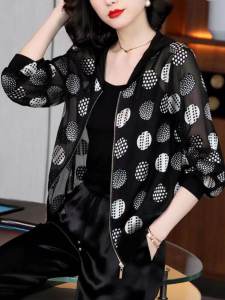 Áo Khoác Chống Nắng Voan Cổ Đứng Có Khóa Kéo Cho Bà Mẹ Cỡ Lớn Mùa Hè 2024 Tay Dài Cổ Tròn Ngắn Họa Tiết Chấm Bi