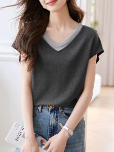 เสื้อยืดคอกลมแขนสั้นหลวมๆ สำหรับผู้หญิงในช่วงฤดูร้อน เสื้อผ้าทำงานลำลอง ทรงหลวมๆ แขนสั้น คอวี ทรงเข้ารูป ทรงเข้ารูป