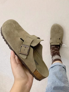 Sanxi Same Style Full Leather Boken Womens Shoes Cowhide Slippers Cork Sole Flats Fishing Closed Toe Half Slippers Birkenstock Shoes