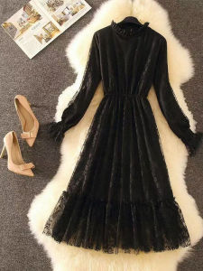 Autumn Winter Short Womens Fleece Lined Lace Base Layer Dress Height Enhancing Versatile Dress Korean Style Bubble Sleeve