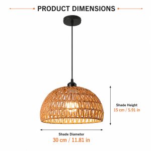 JOYINLED Brown Woven Kitchen Pendant Lighting E26 Paper Rope Lamp Rattan Pendant Light 11.81" Boho Dome Dining Room Chandelier