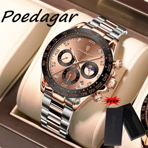 【With Watch Box】POEDAGAR Luxury Man Wristwatch Luminous Waterproof Calendar Chronograph Auto Date Men Watch Stainless Steel Strap Mens Quartz Watches 629G