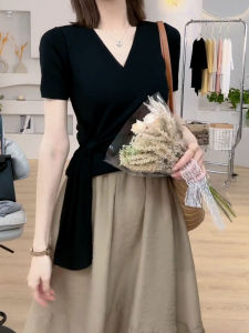 Black Ice Silk Short Sleeve Knit Top with Waist Tying