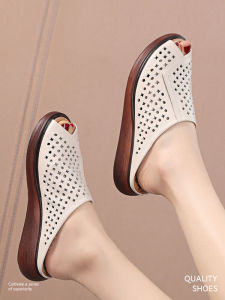 Genuine Leather Fish Mouth Slippers Womens Summer Soft Bottom Sandals Outdoor Wear Moms Cool Slippers Large Size 41-43 Leather Slippers