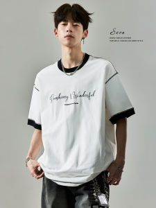 SZON | American Floral Embroidery Contrast Color Faux Two-Piece Short Sleeve T-Shirt