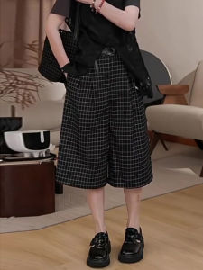 Black Plaid Straight Leg Casual Pants Womens High Waist Loose Slimming Mid-Length Fashionable Versatile Autumn New Style