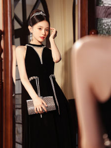 ชุดราตรีสีดำ แฟชั่นไฮเอนด์ ชุดเดรสยาวปานกลางสไตล์เกาหลี ผ้าโพลีเอสเตอร์ ชุดแต่งงาน ชุดทำงาน ชุดเยาวชน