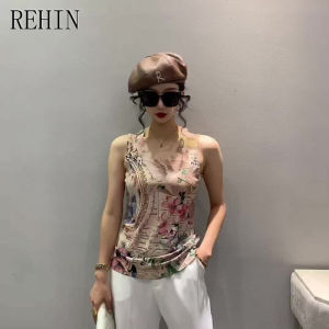 REHIN Womens T-shirt Sleeveless Knit Vest with Breathable Skin-Friendly Fabric and Unique Print Pattern Tops for Summer Fashion Tanks