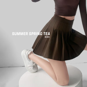 Summer Spring Tea Grey Pleated High Waist A-Line Mini Skirt Business Style Short Skirt Polyester Fiber Commuter Style Pure Color